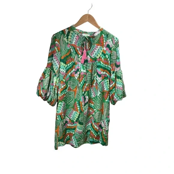 Jade Melody Tam Green Multi Abstract Balloon Sleeve Tunic Mini Dress Medium - Picture 12 of 12